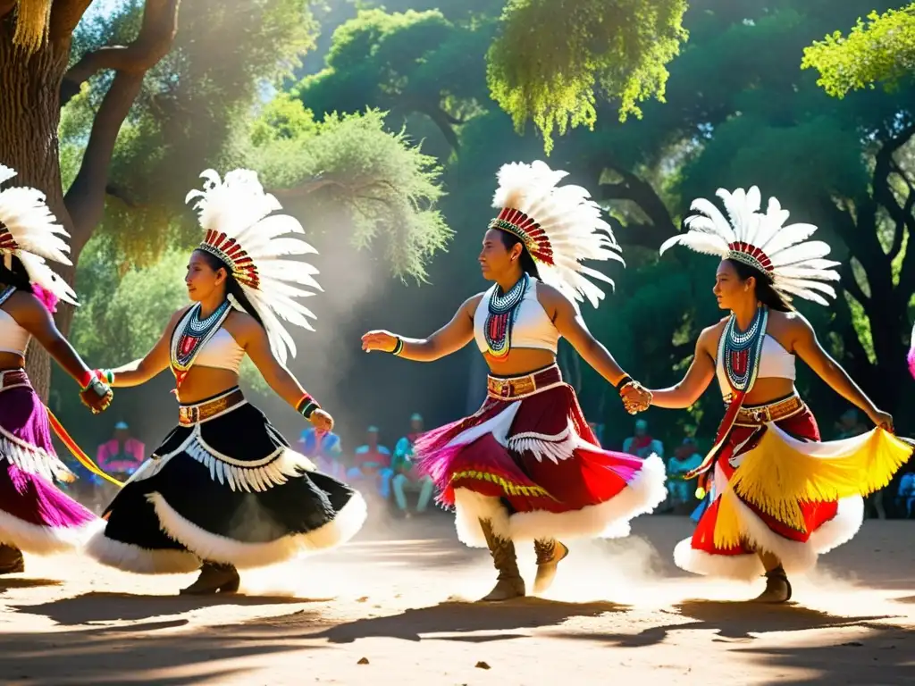 Danza tradicional mexicana concheros: Grupo de bailarines con trajes vibrantes realizando una danza ceremonial bajo el sol entre altos árboles