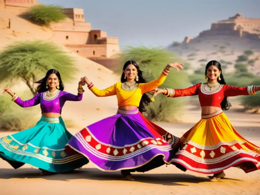 Danza tradicional Ghoomar Rajasthan: Mujeres en trajes vibrantes giran en un baile sincronizado, sus faldas coloridas ondeando en el desierto