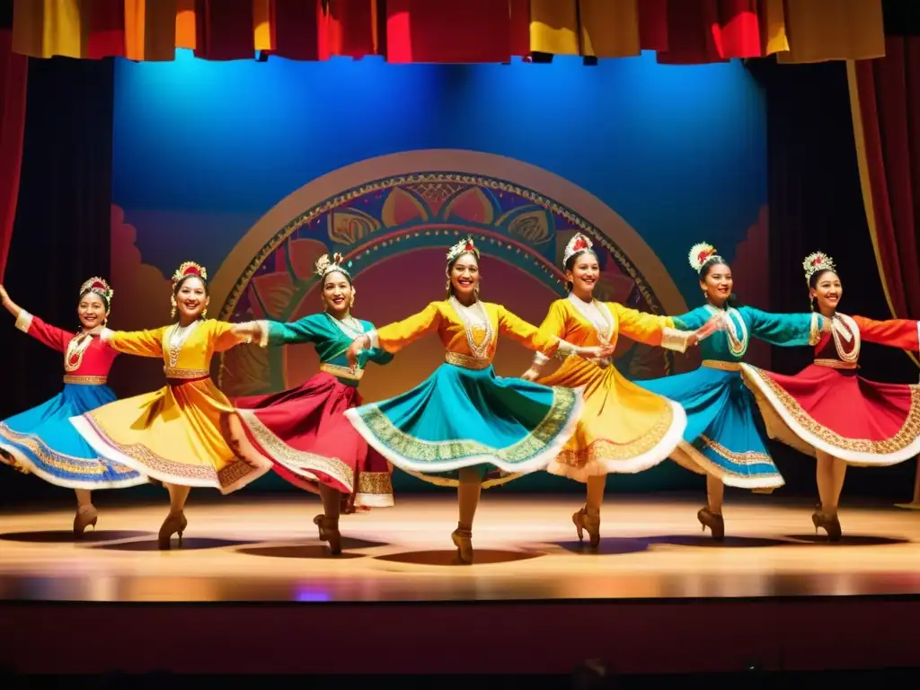 Danza tradicional del mundo: Apasionada presentación de bailes folclóricos con vestuarios vibrantes, escenario colorido y público diverso