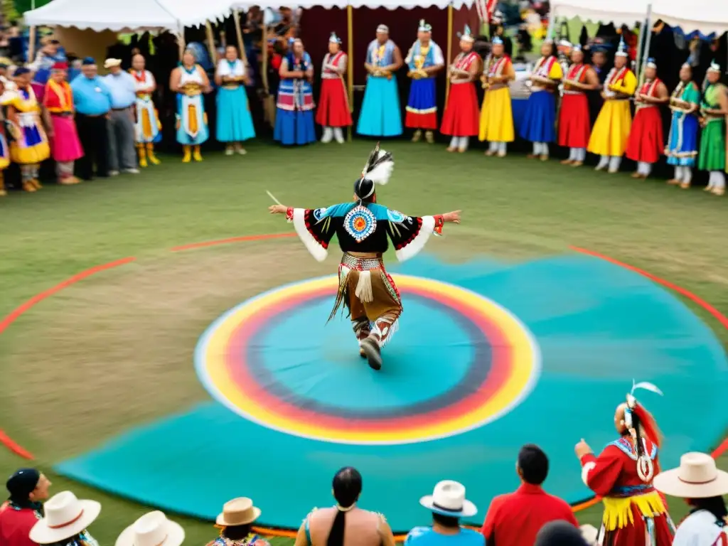 Una danza tradicional nativa americana capturando la influencia de las danzas nativas americanas en un powwow vibrante