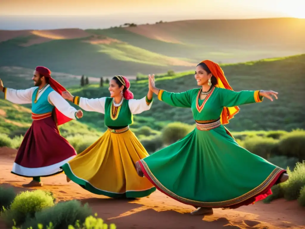 Danza Amazigh tradicional del norte de África: grupo de bailarines vistiendo atuendos vibrantes, inmersos en la danza al atardecer