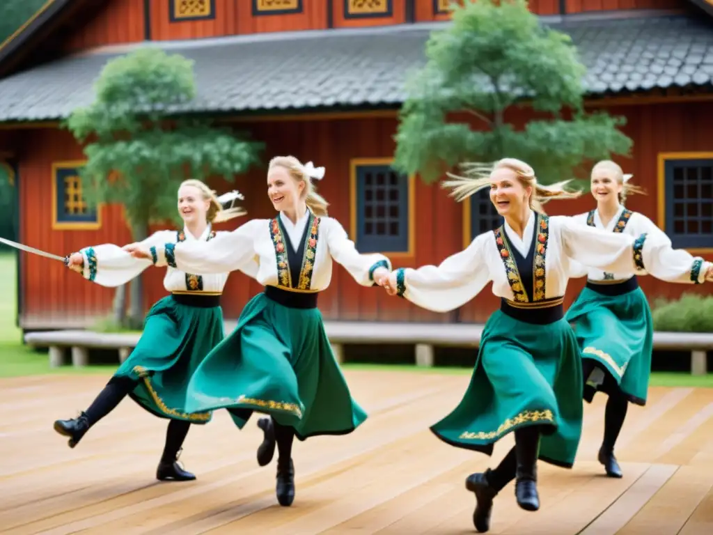 Danza tradicional del norte de Europa: grupo de bailarines con trajes vibrantes ejecutan una danza de espadas en un entorno campestre