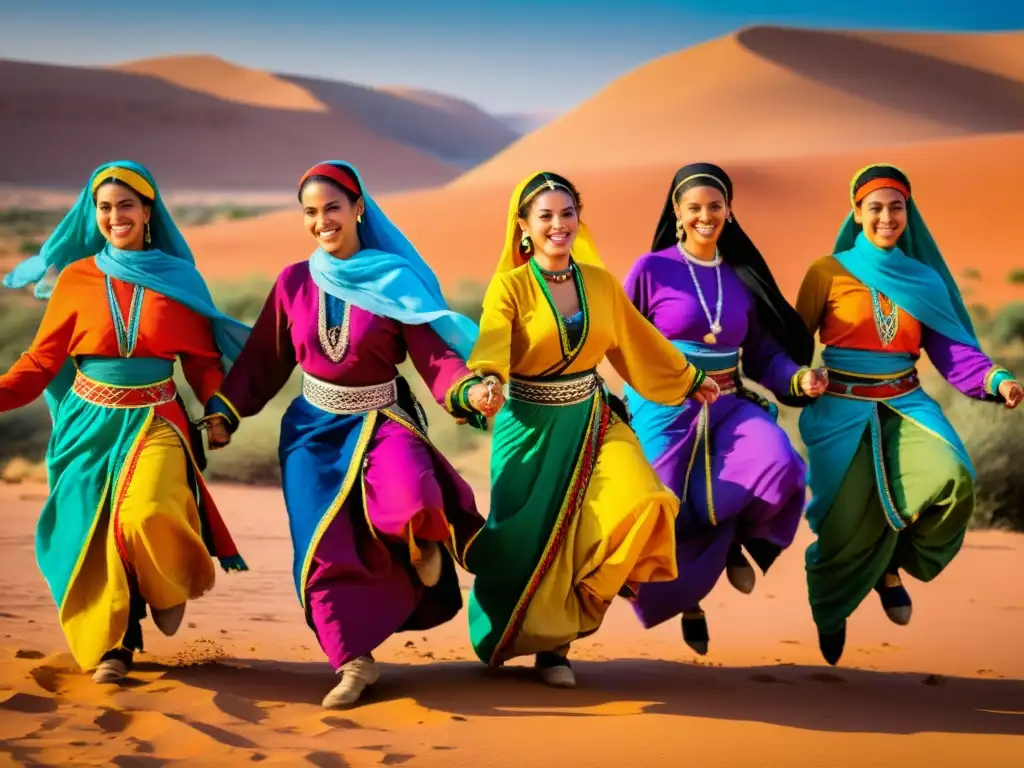 Danza Amazigh tradicional del norte de África: Grupo de bailarines en coloridos trajes tradicionales, saltando con alegría en el desierto al atardecer