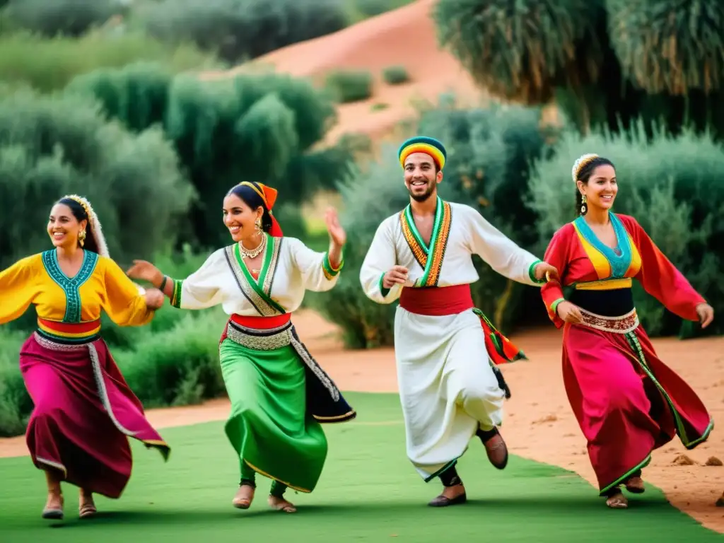 Danza Amazigh tradicional del norte de África: Coloridos bailarines en un oasis, capturando la rica herencia cultural con gracia y energía