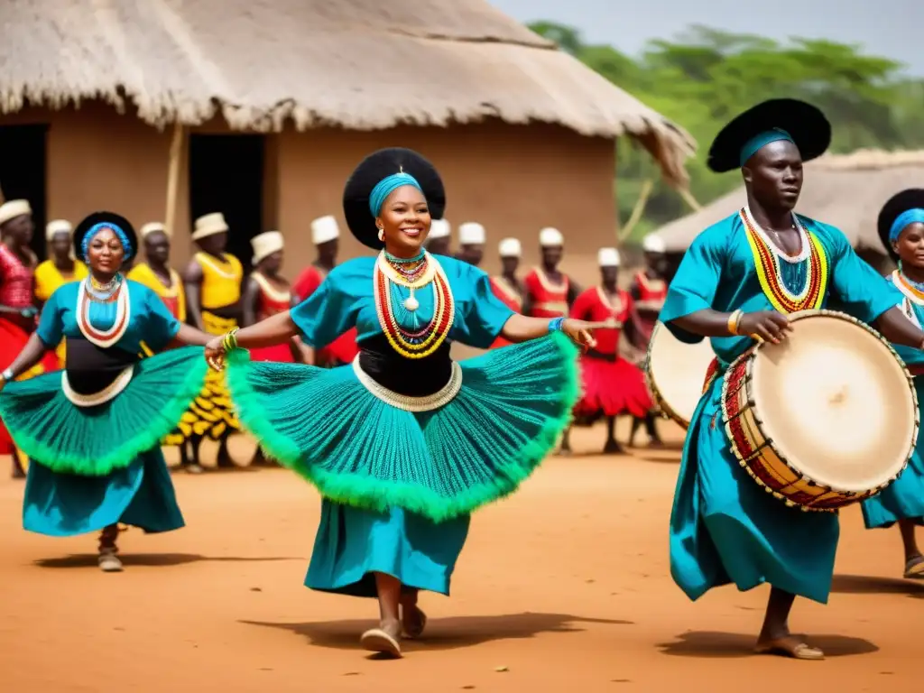 Danza tradicional en África Occidental con vestimenta vibrante, música en vivo y baile grácil