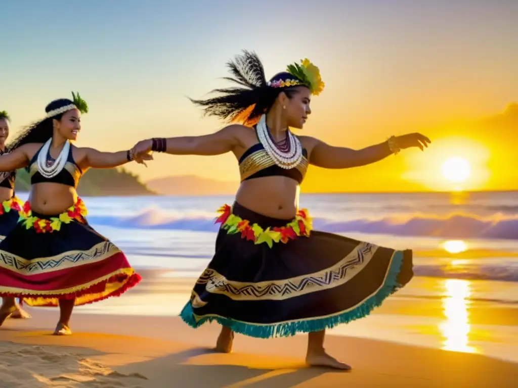 Danza tradicional diáspora oceánica: Bailarines con trajes vibrantes ejecutan grácilmente una danza oceánica al atardecer en la playa