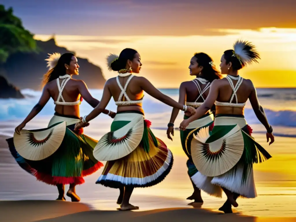 Danza tradicional diáspora oceánica: Bailarines isleños en la playa al atardecer, con trajes vibrantes y movimientos cautivadores