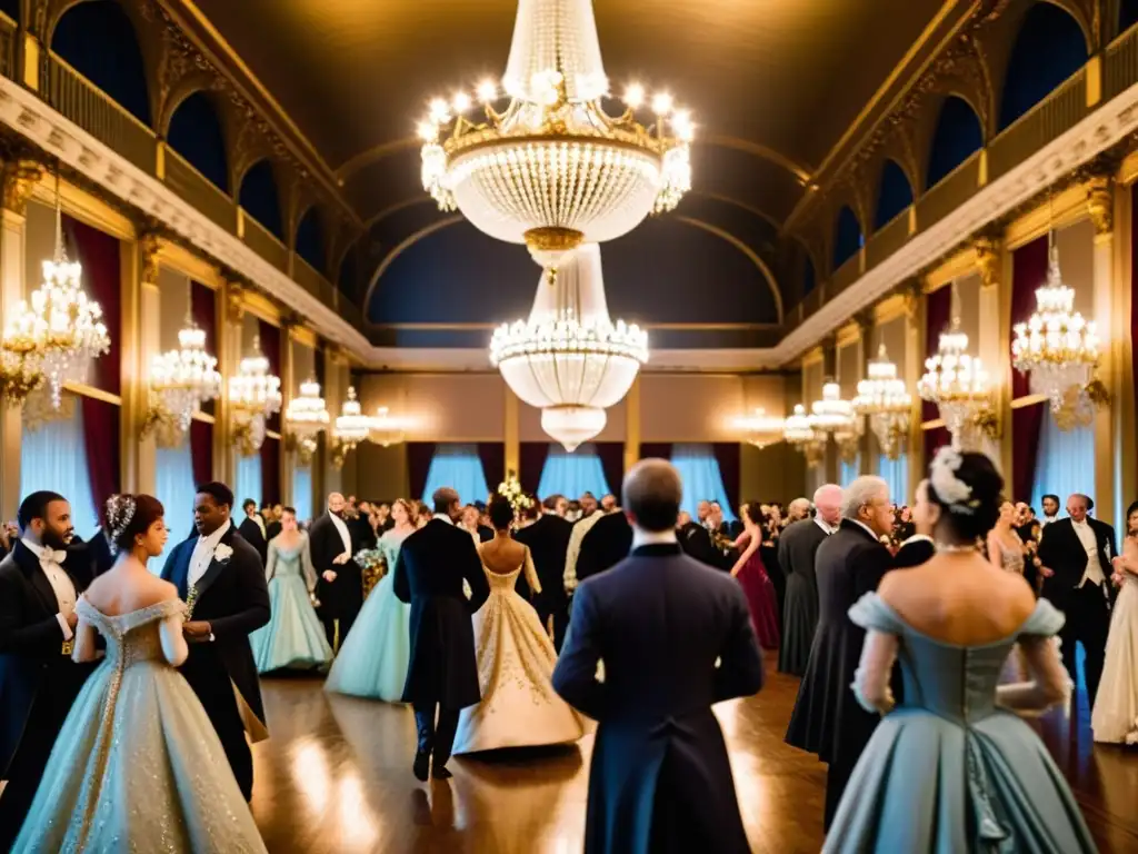 Danza del minueto tradicional: opulencia y gracia en un elegante salón de baile lleno de parejas vestidas con trajes refinados