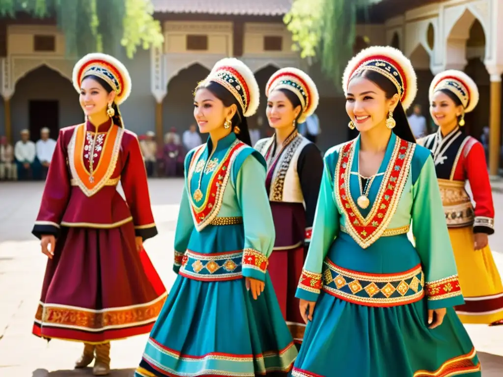 Danza tradicional uzbeka de preservación en un patio soleado, con bailarines vibrantes y espectadores asombrados