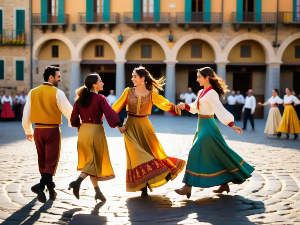 Danza tradicional Sardana en una plaza soleada de Cataluña, uniendo culturas y tradiciones en un baile vibrante y colorido