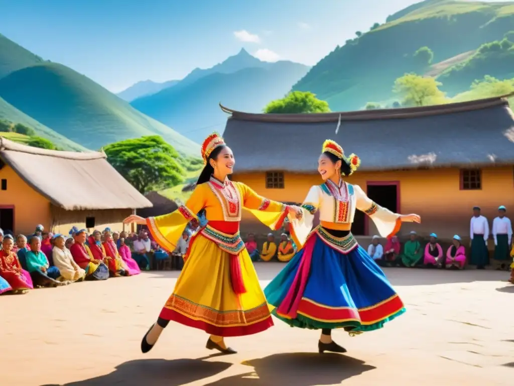 Danza tradicional en una plaza vibrante, con trajes coloridos y energía dinámica