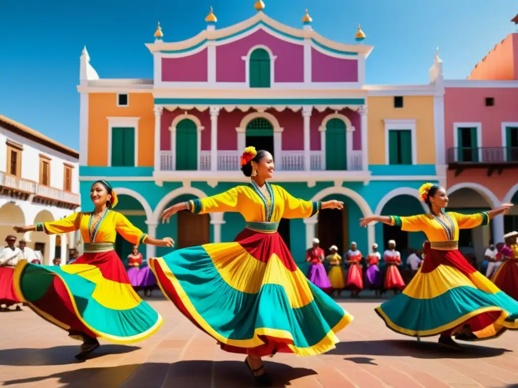 Danza tradicional en plaza vibrante, con coloridos trajes, música y arquitectura histórica, celebrando los Derechos de autor en danzas tradicionales