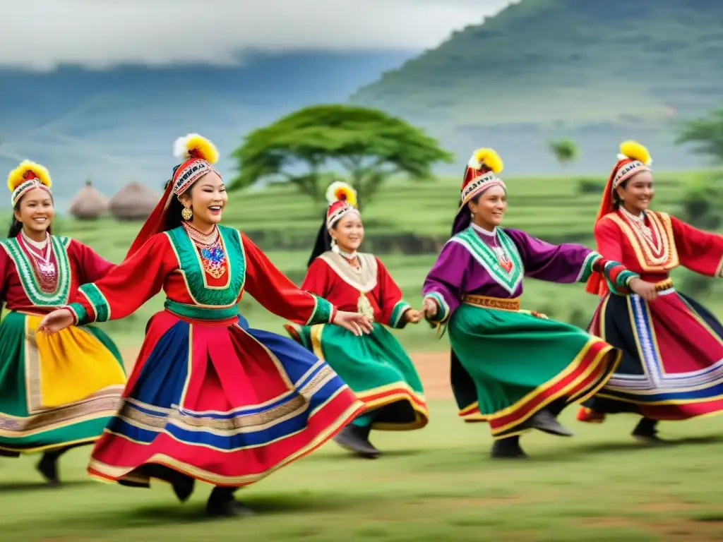 Danza tradicional en pueblo rural: coloridos trajes, movimientos gráciles y espectadores admirados