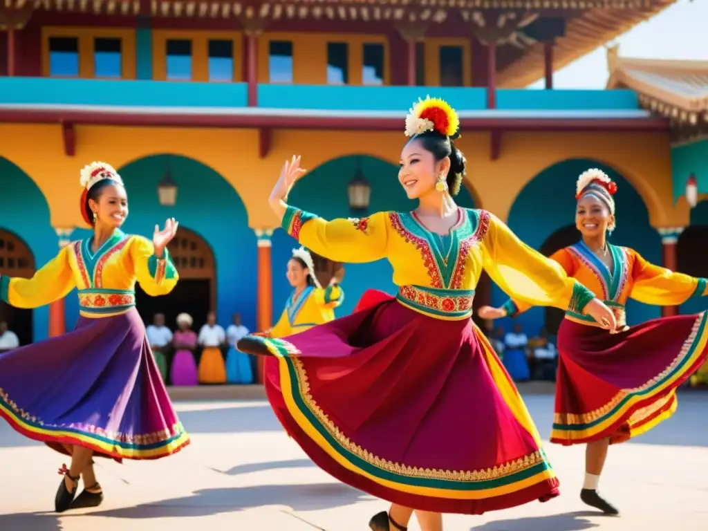 Danza tradicional en redes: Grupo de bailarines con trajes coloridos y detallados, moviéndose con gracia y alegría en una plaza vibrante al sol