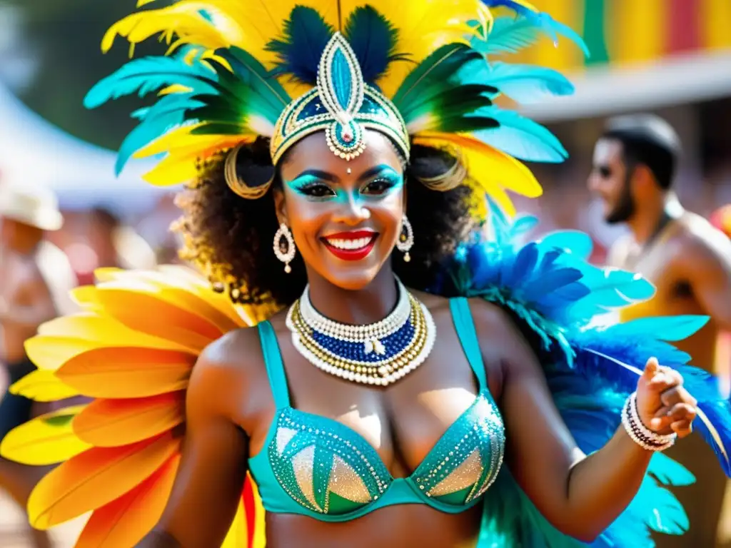 Danza tradicional samba carnaval Brasil: Sambista en pleno desfile, rodeado de coloridos espectadores y músicos, derrochando energía y alegría