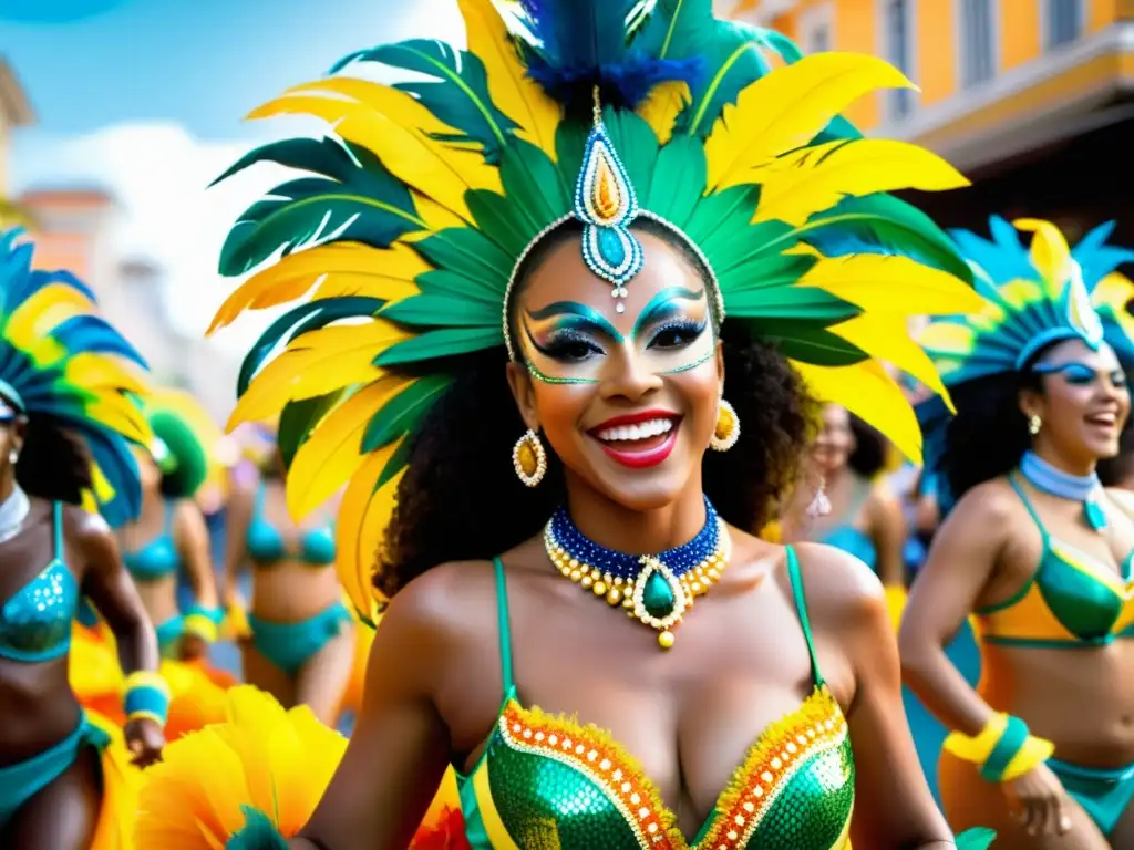 Danza tradicional samba carnaval Brasil: Desfile vibrante de samba en el famoso carnaval de Brasil, con coloridos trajes y energía contagiosa