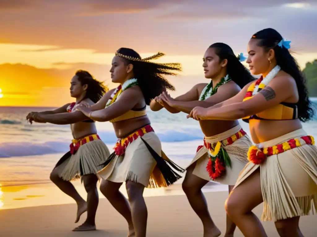 Danza tradicional samoana: grupo de bailarines en trajes tapa y leis, realizando siva al atardecer en la playa