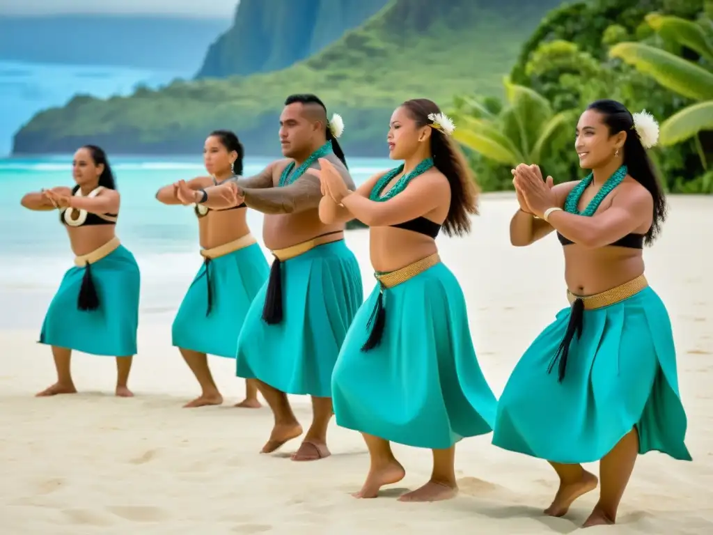 Danza tradicional samoana significado cultural: Grupo de bailarines samoanos en trajes tradicionales realizando una hipnótica siva en la playa