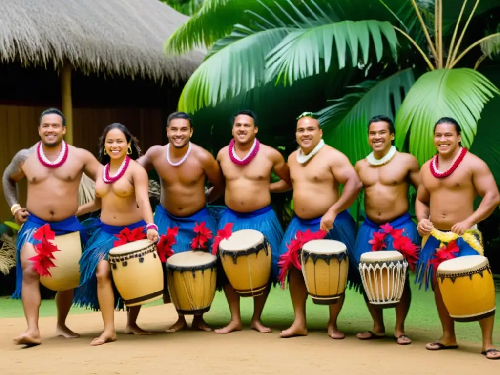 Danza tradicional samoana significado cultural: Grupo de bailarines samoanos vistiendo trajes vibrantes, bailando al ritmo de tambores y palmas