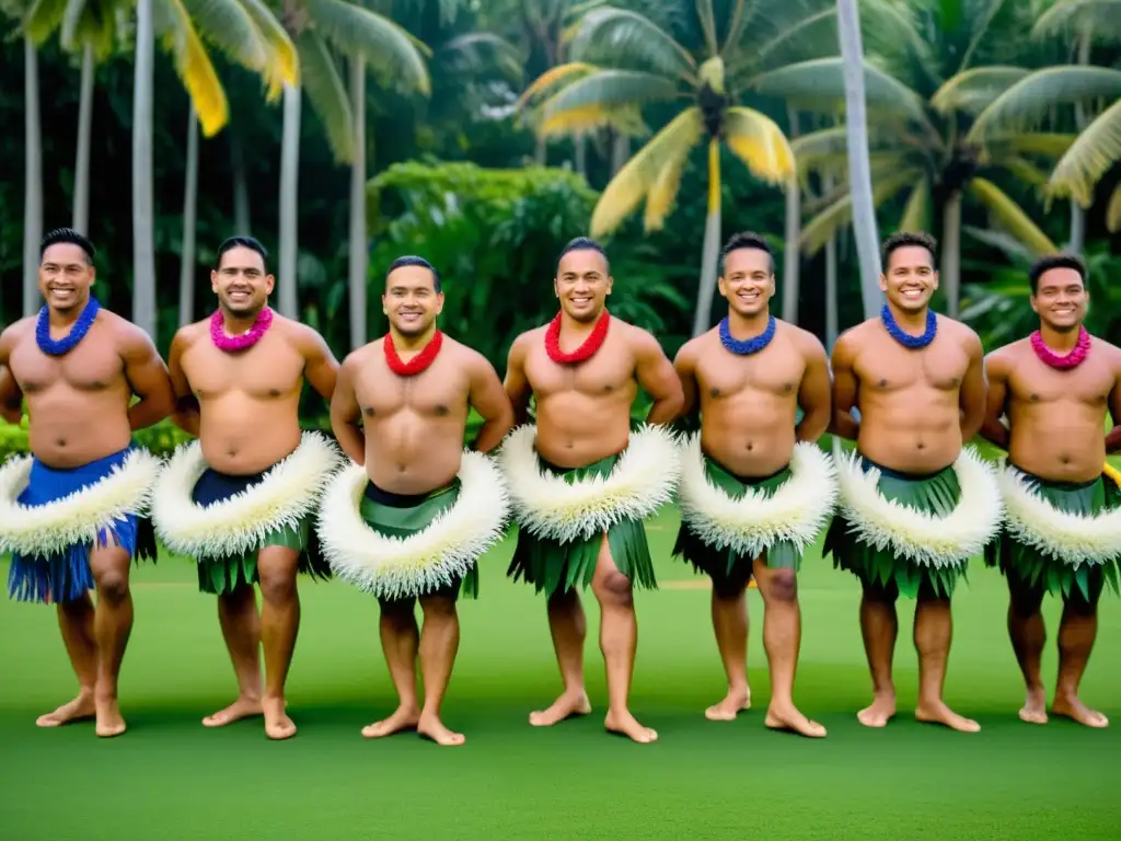 Danza tradicional samoana significado cultural: Grupo de bailarines samoanos en trajes tradicionales, realizando una siva dance bajo el cielo abierto