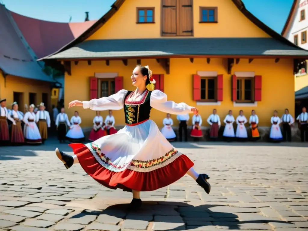 Danza tradicional húngara Czardas significado: Baile apasionado en una plaza rústica con trajes coloridos y música vibrante