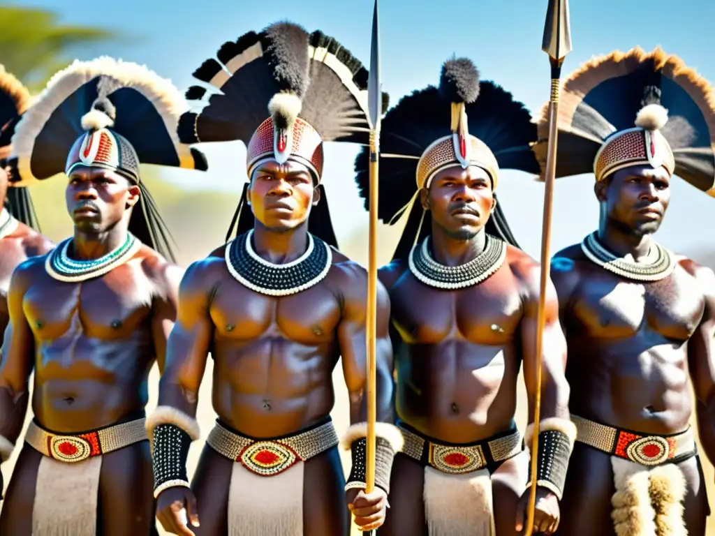 Danza tradicional Zulu Indlamu Sudáfrica: Guerreros Zulu con atuendo tradicional realizando la poderosa danza Indlamu, mostrando orgullo y fuerza