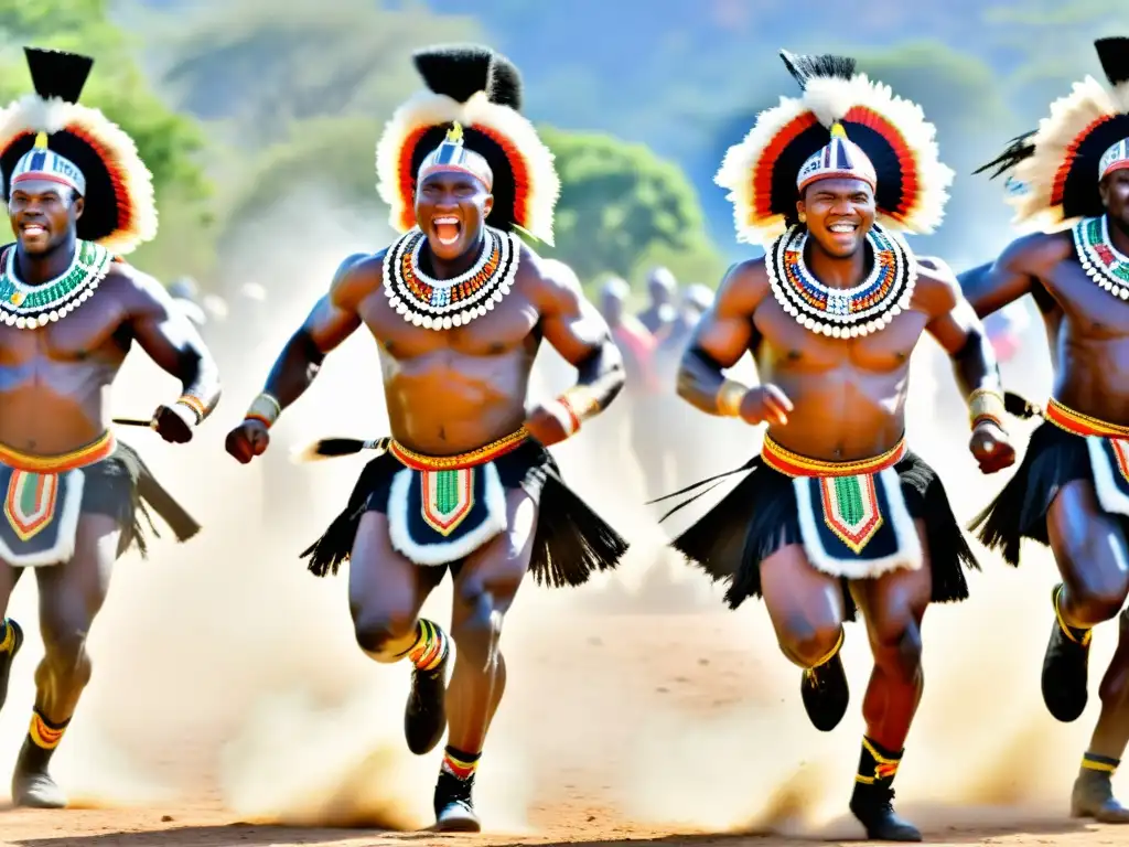 Danza tradicional Zulu Indlamu Sudáfrica: Guerreros Zulu realizando la poderosa danza Indlamu, con trajes vibrantes y expresiones llenas de orgullo