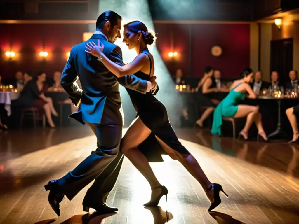 Danza tradicional tango argentino: Parejas tangueras en un club, con movimientos elegantes y pasión en cada paso