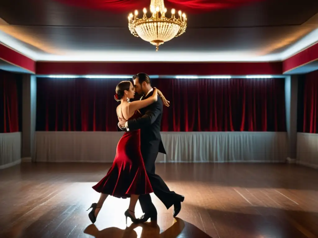 Danza tradicional tango argentino: Pareja bailando tango en un salón con suelo de madera, cortinas rojas y candelabros dorados