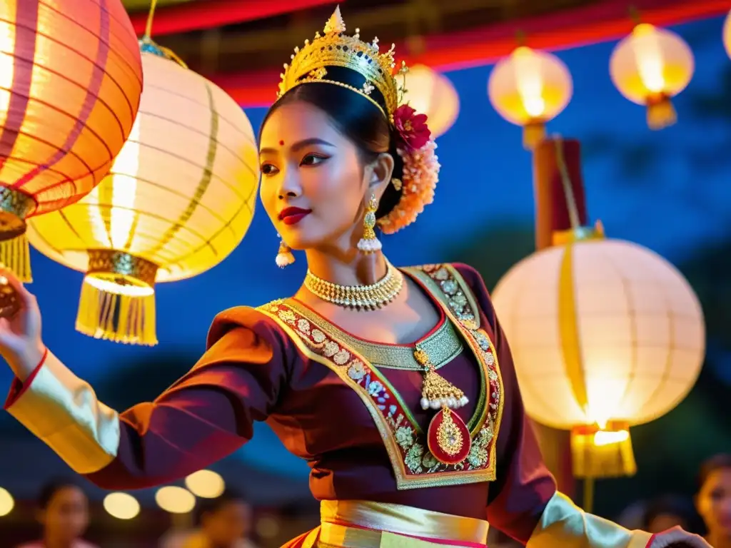 Danza tradicional Tazaungdaing en Myanmar: Una bailarina birmana adornada elegantemente ejecuta la grácil danza entre brillantes faroles de papel