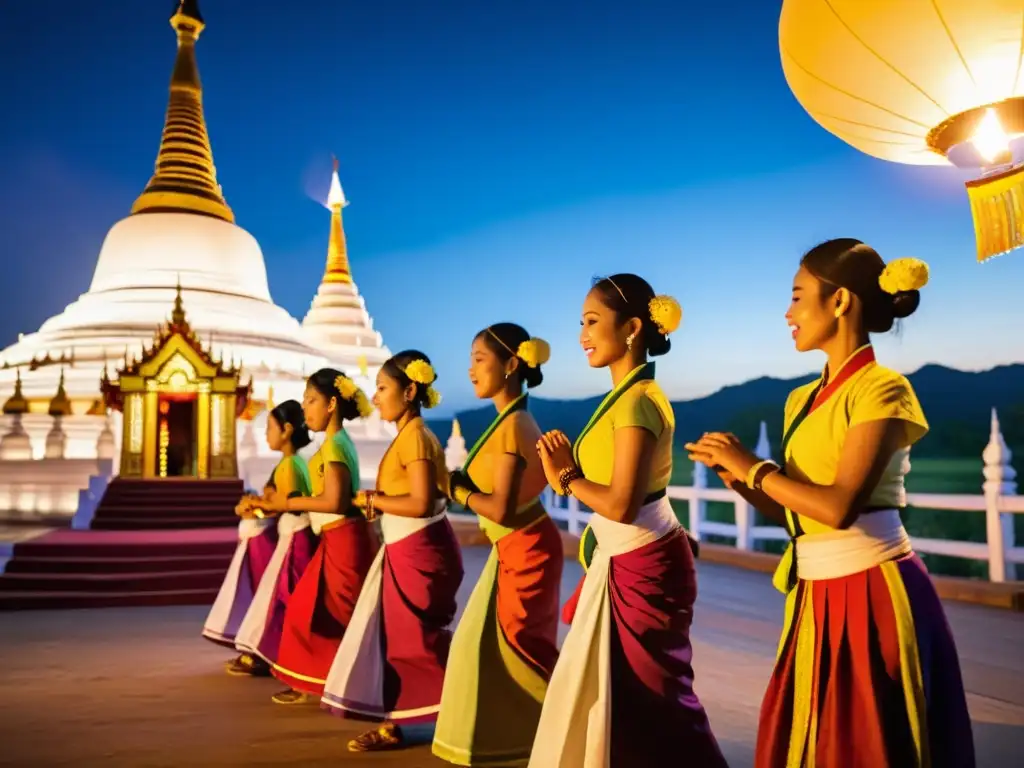 Danza tradicional Tazaungdaing en Myanmar: Bailarines vistiendo trajes y tocados vibrantes, realizando el baile con una pagoda iluminada de fondo