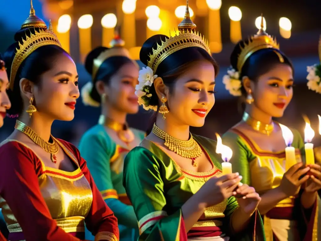 Danza tradicional Tazaungdaing en Myanmar: Grupo de bailarines birmanos en trajes vibrantes, ejecutando movimientos precisos frente a velas y pagodas ornamentadas