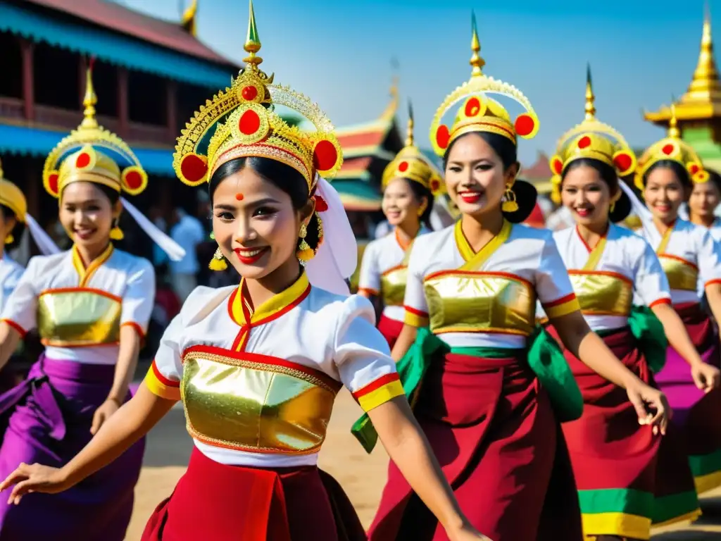 Danza tradicional Tazaungdaing en Myanmar: Grupo de bailarines birmanos con trajes coloridos y expresiones alegres, en medio de un festival vibrante