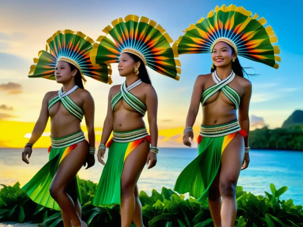 Danza tradicional Tellei de Palau: Grupo de bailarines palauanos con trajes vibrantes y movimientos gráciles, en un escenario natural impresionante