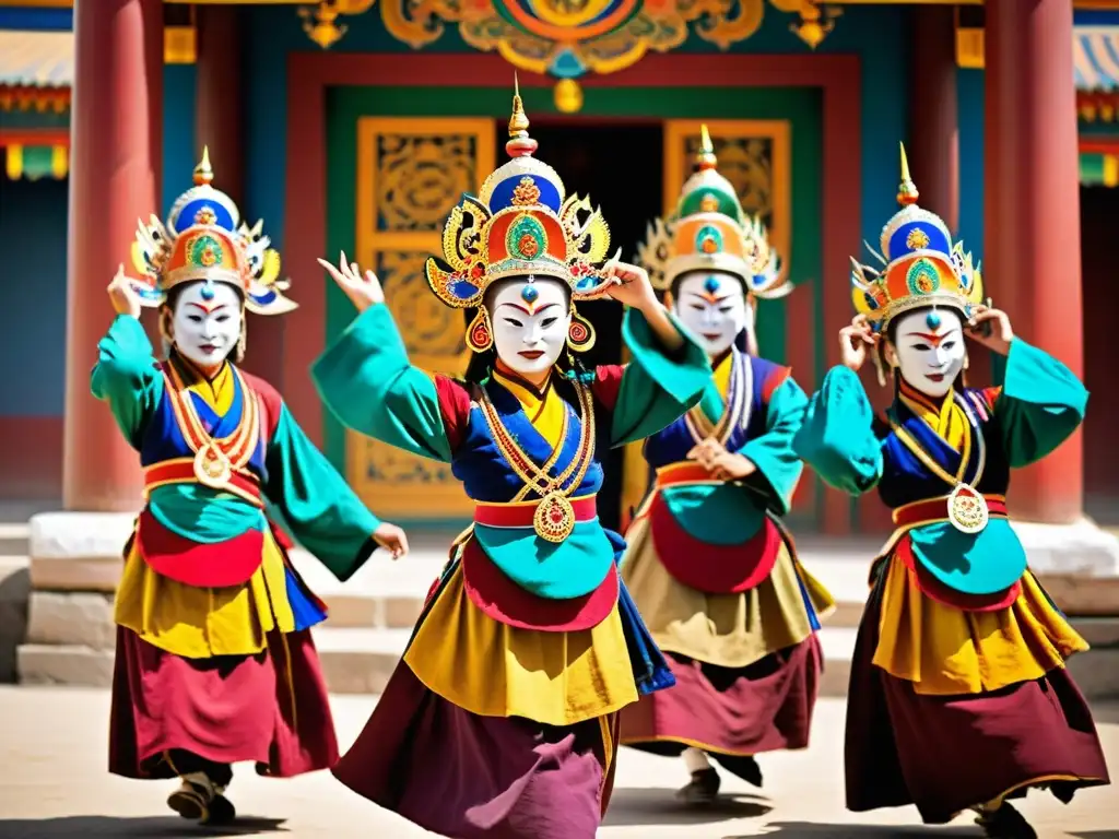 Danza tradicional tibetana con máscaras de significado místico en un escenario sagrado