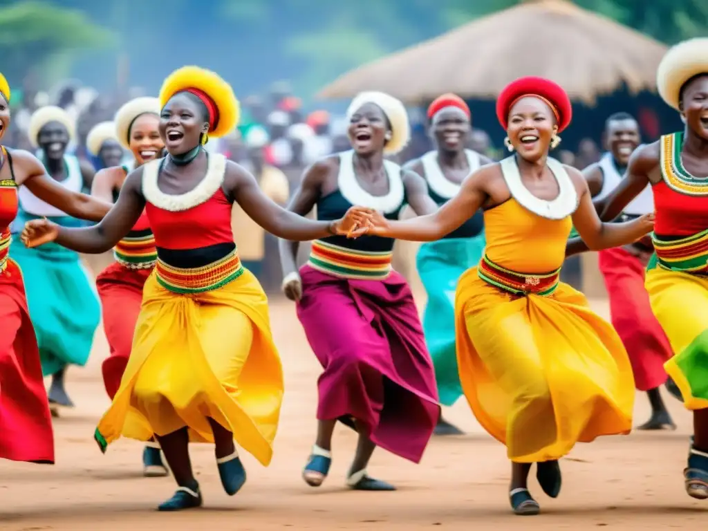 Danza tradicional Ewe Togo: Grupo de bailarines Ewe en trajes vibrantes con movimientos dinámicos, rodeados de una multitud alegre y emocionada