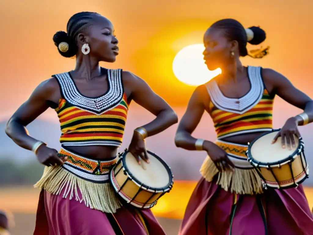 Danza tradicional Ewe Togo: Grupo de bailarines Ewe en vibrantes trajes tradicionales, moviéndose con gracia al ritmo de tambores al atardecer