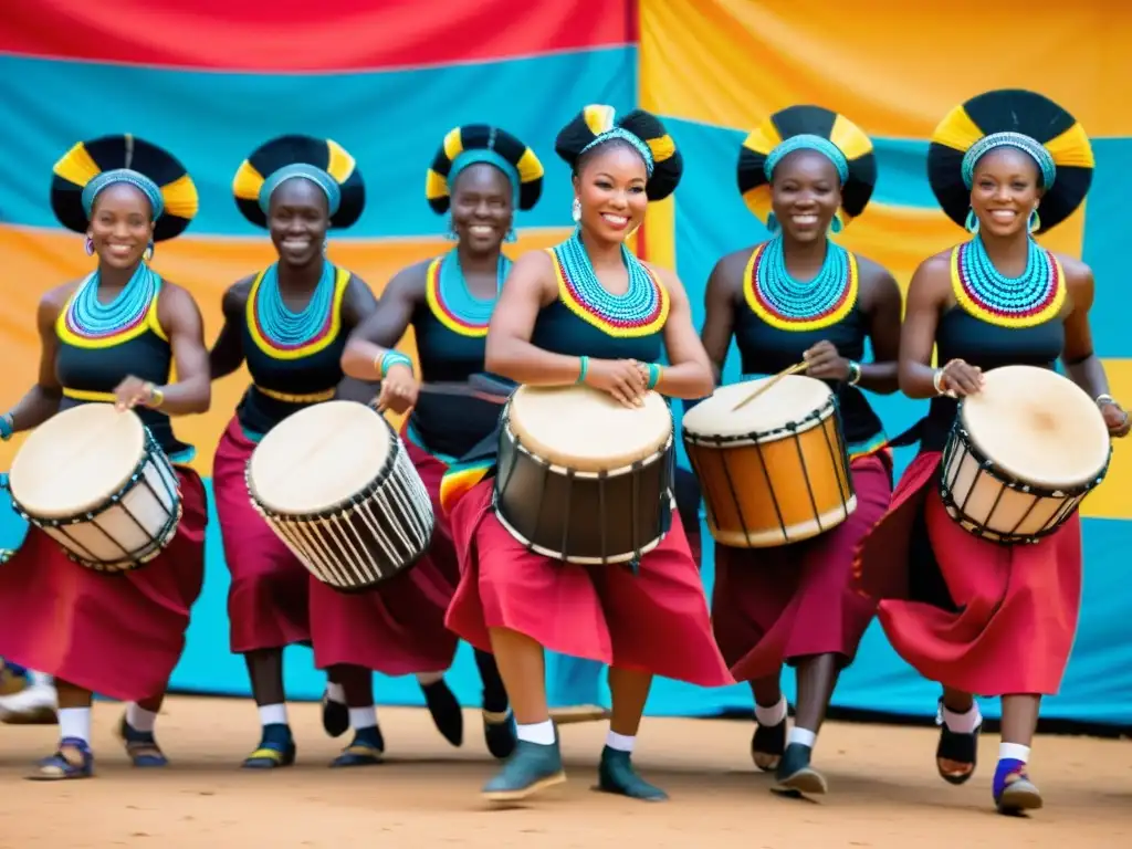 Danza tradicional Ewe en festival Togolés Danza Agbekor tradicional Togo: Grupo de bailarines Ewe en vibrante atuendo tradicional, moviéndose al ritmo de tambores en festival colorido