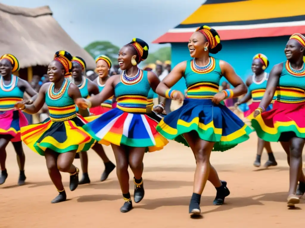 Vibrantes danzas Ewe: tradición y alegría Danza tradicional Ewe en Togo y Ghana: vibrantes trajes, música y comunidad en la plaza del pueblo