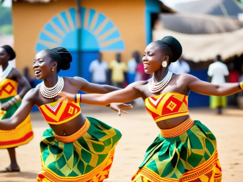 Danza tradicional Togolese: Colorida celebración cultural en un vibrante pueblo al atardecer