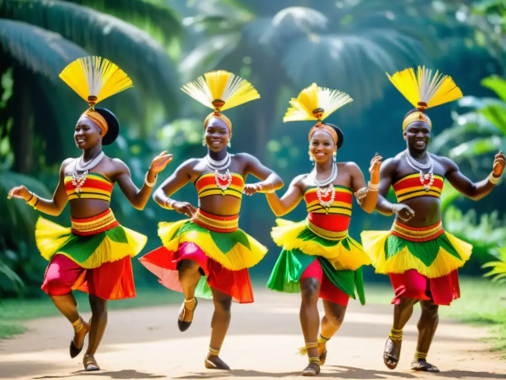 Danza tradicional Togolese significado cultural: Bailarines Togolese en trajes vibrantes realizan una danza expresiva en un claro soleado rodeado de exuberante vegetación