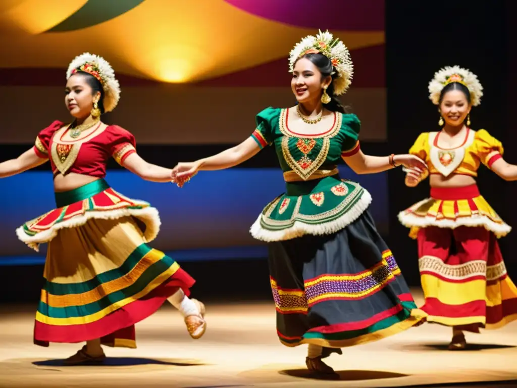 Presentación de danza tradicional con trajes ecológicos adornados, reflejando la rica herencia cultural a través de elegantes movimientos