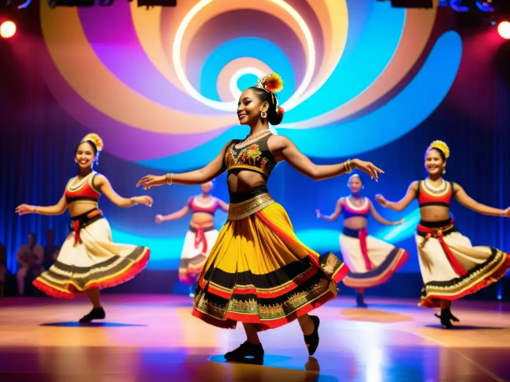 Danza tradicional con trajes vibrantes y movimientos dinámicos, fusionando tradición y modernidad