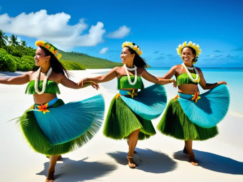 Danza tradicional Tuvalu vestuario: Bailarines con faldas de hierba y tocados florales danzan graciosamente en la playa, bajo el sol y el mar turquesa