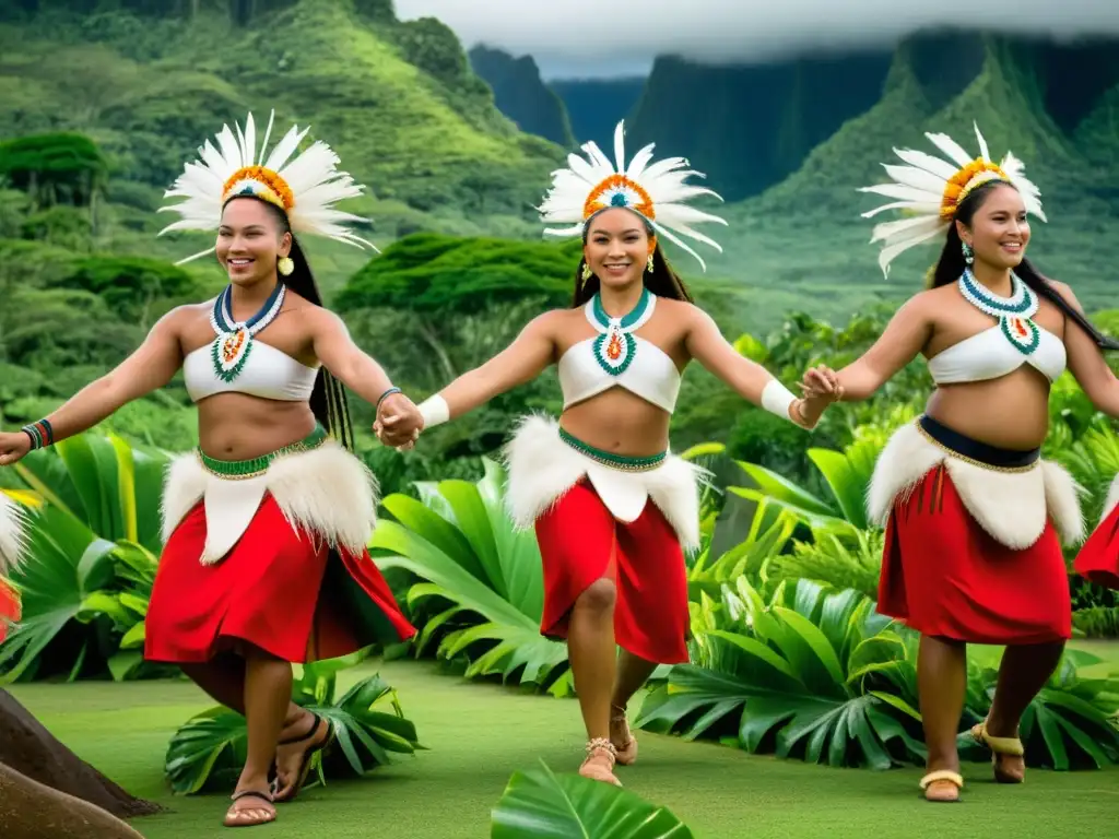 Danza tradicional Tuvalu vestuario: Grupo de bailarines Tuvaluanos con trajes tradicionales danzando en un exuberante paisaje tropical