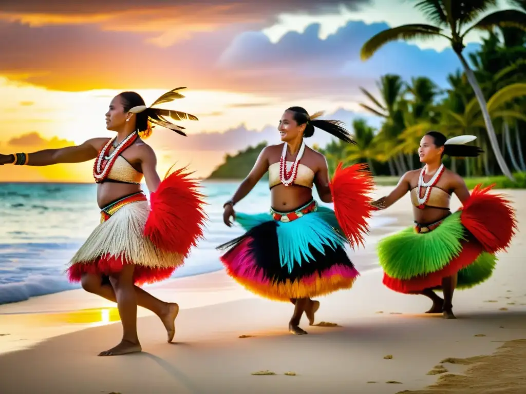 Danza tradicional Tuvalu vestuario: Grupo de bailarines con trajes coloridos y plumas, danzando en la playa al atardecer