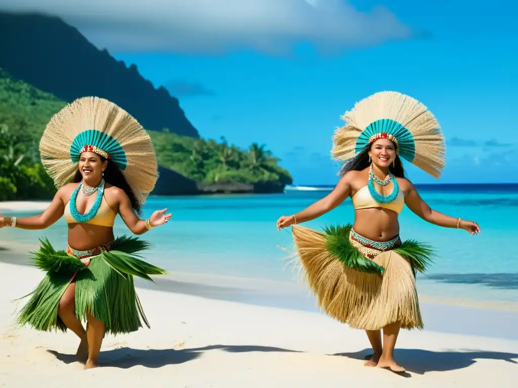 Danza tradicional Tuvaluana: Bailarines con vestuario colorido ejecutan movimientos gráciles en la playa