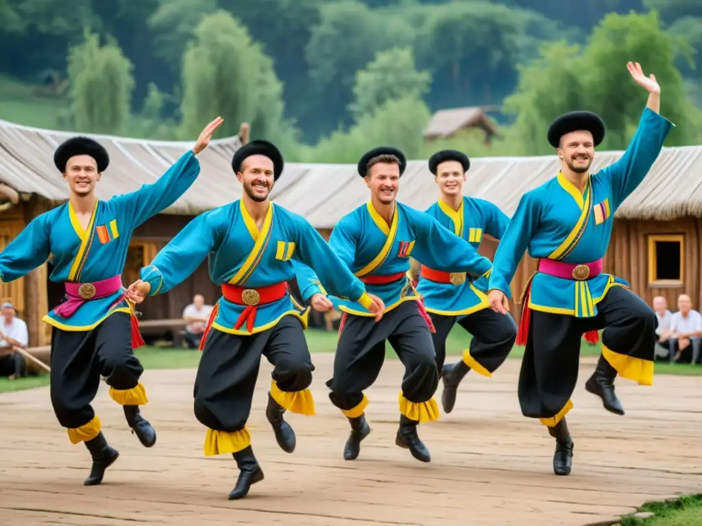 Danza tradicional ucraniana Cossack Dance: Grupo de bailarines Cossack ejecutando una rutina enérgica en trajes vibrantes, en un escenario rural auténtico