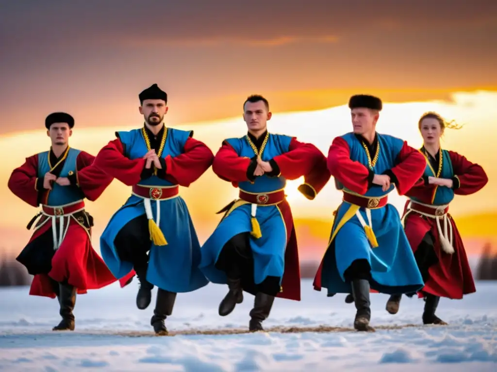 Danza tradicional ucraniana Cossack Dance: Grupo de bailarines Cossack en trajes vibrantes, ejecutando una poderosa danza al atardecer