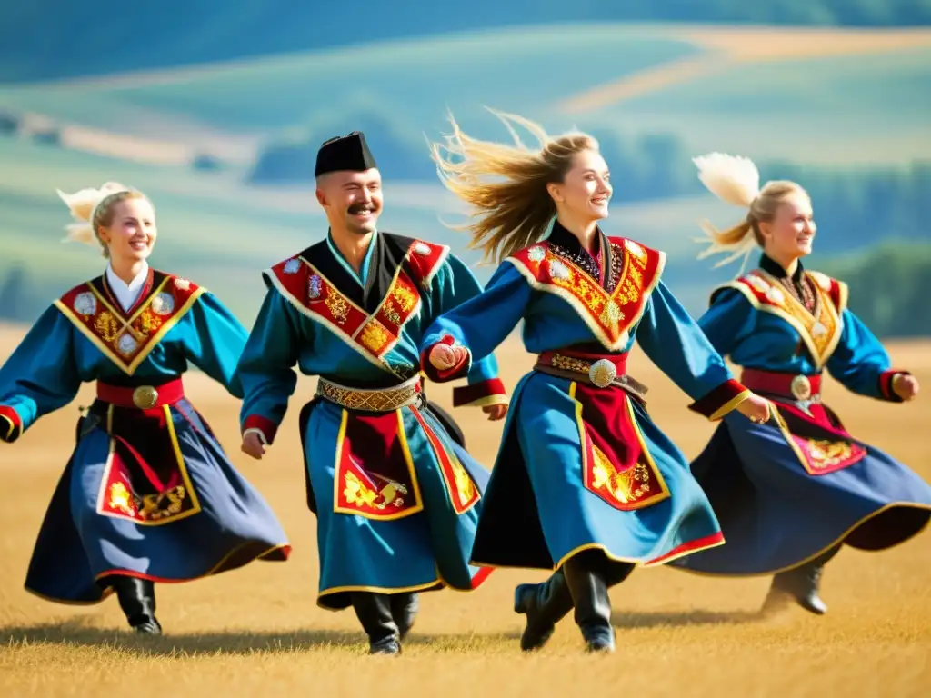 Danza tradicional ucraniana Cossack Dance: Grupo de bailarines Cossack ejecutando movimientos acrobáticos con trajes vibrantes en un campo soleado